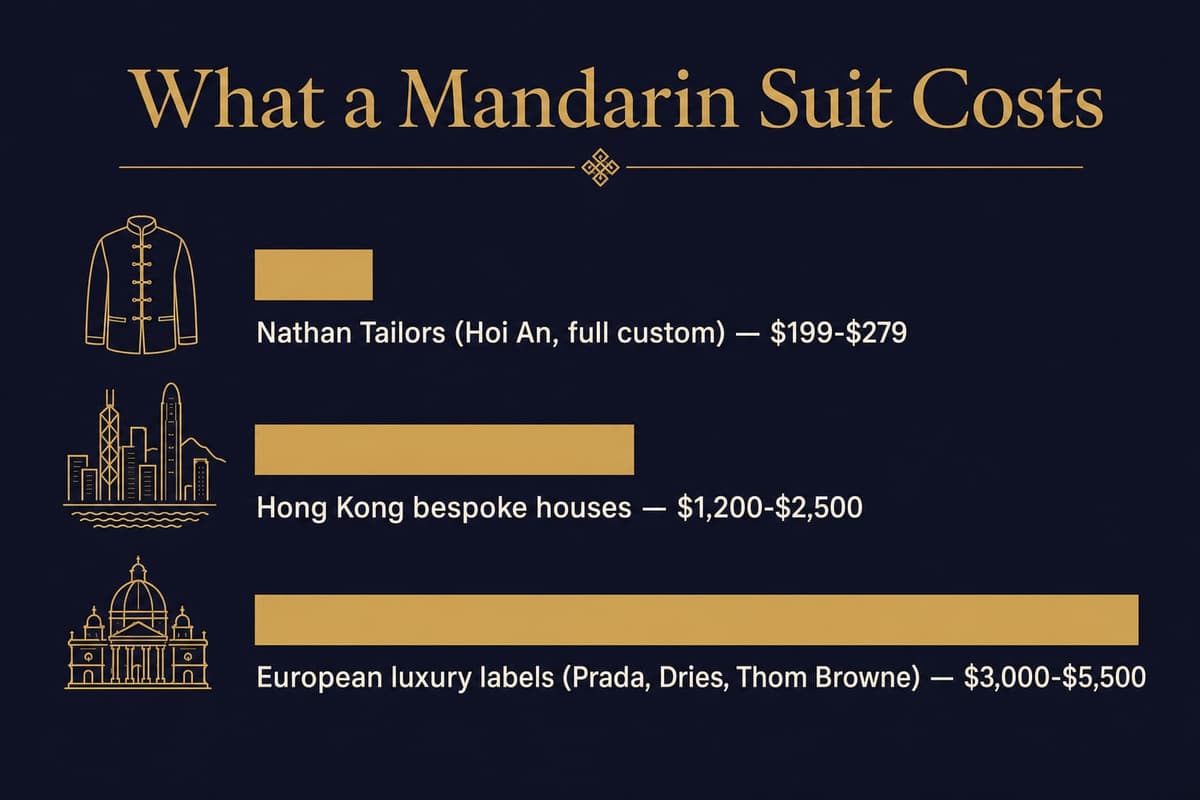 Bar-style infographic comparing Nathan Tailors custom Mandarin suit price against Hong Kong bespoke and European luxury labels