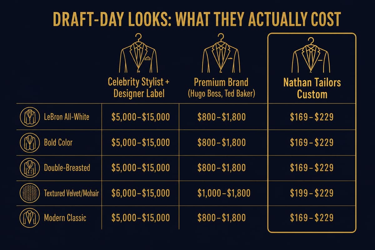 Infographic comparing draft-day suit prices across celebrity stylist, premium brand, and Nathan Tailors custom tiers