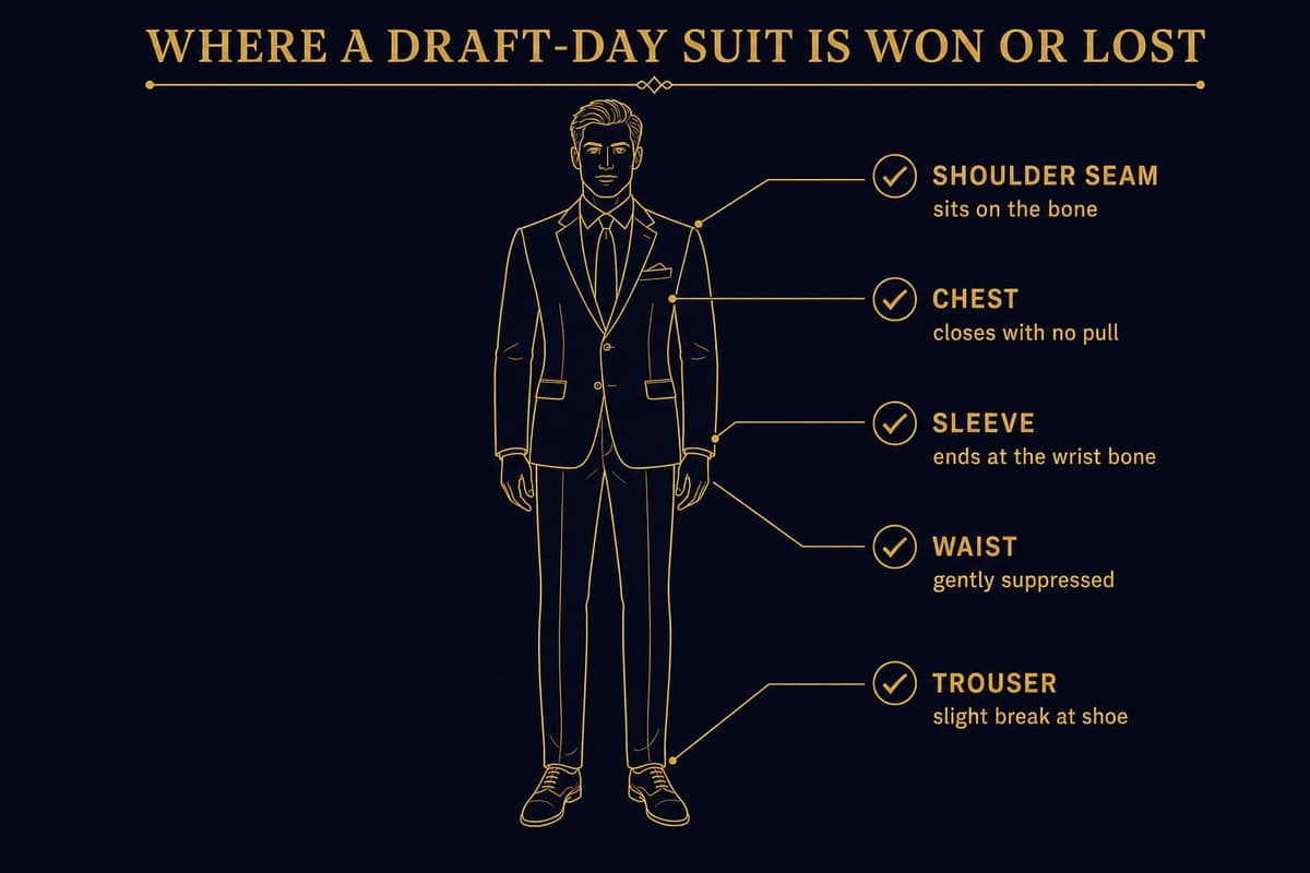 Line-art diagram of a suited figure marking the key fit checkpoints: shoulder seam, chest, sleeve length, waist, and trouser break