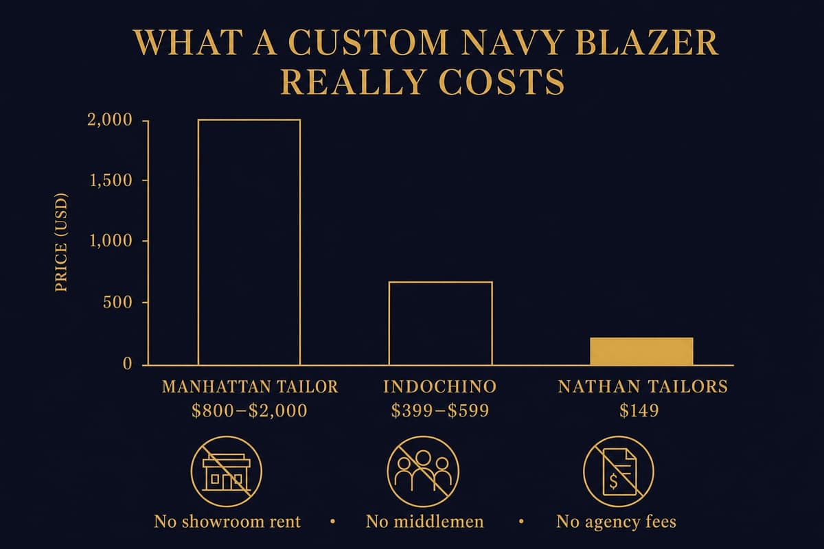 Bar-chart infographic comparing the price of a custom navy blazer from a Manhattan tailor, Indochino, and Nathan Tailors