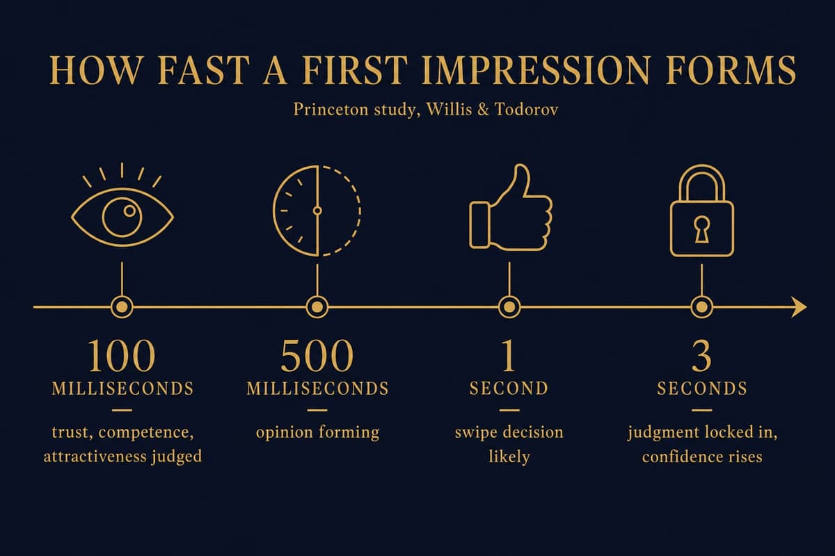 Infographic timeline showing how fast people form first impressions, from 100 milliseconds to 3 seconds