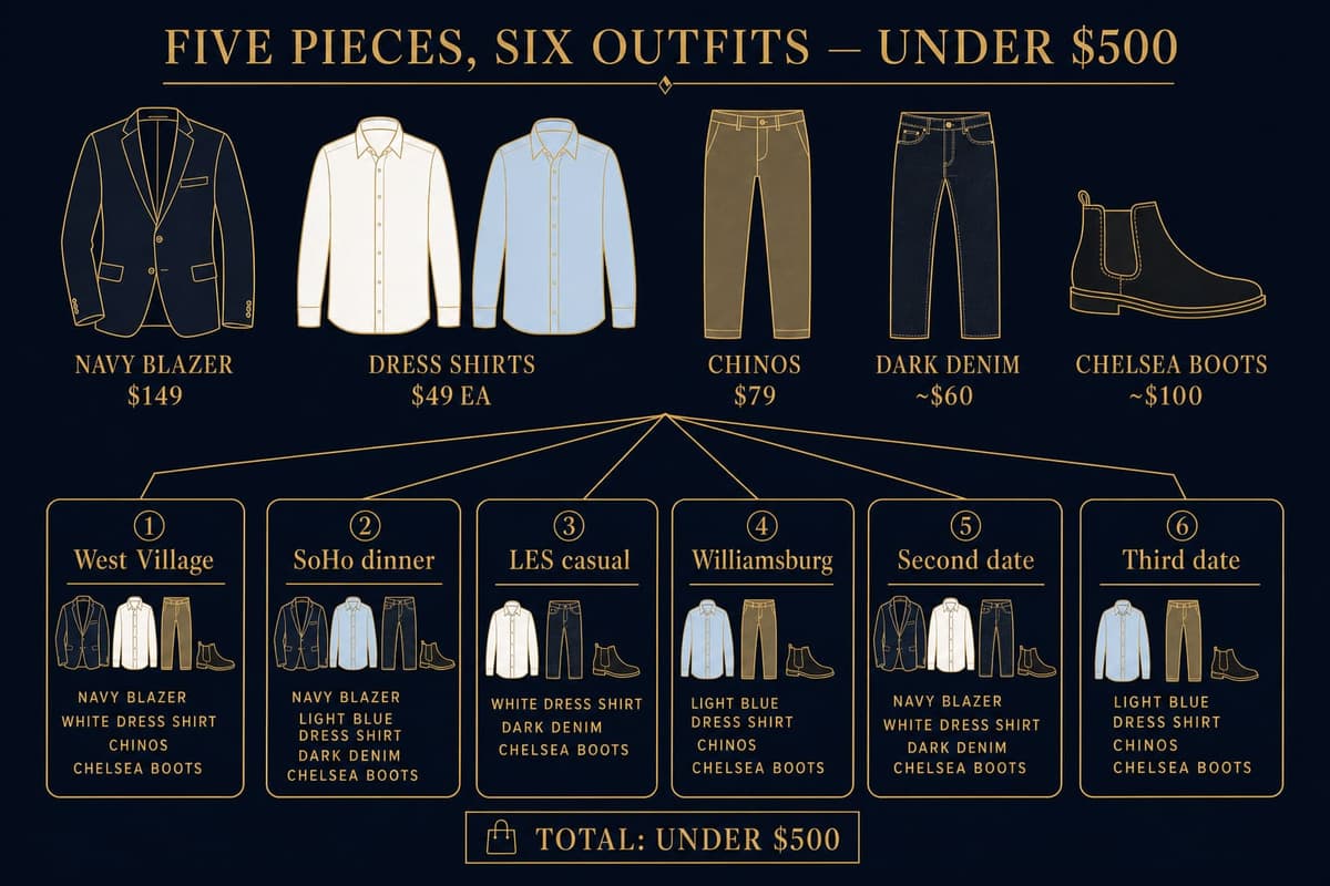 Infographic of a five-piece men's capsule wardrobe combining into six date-night outfits