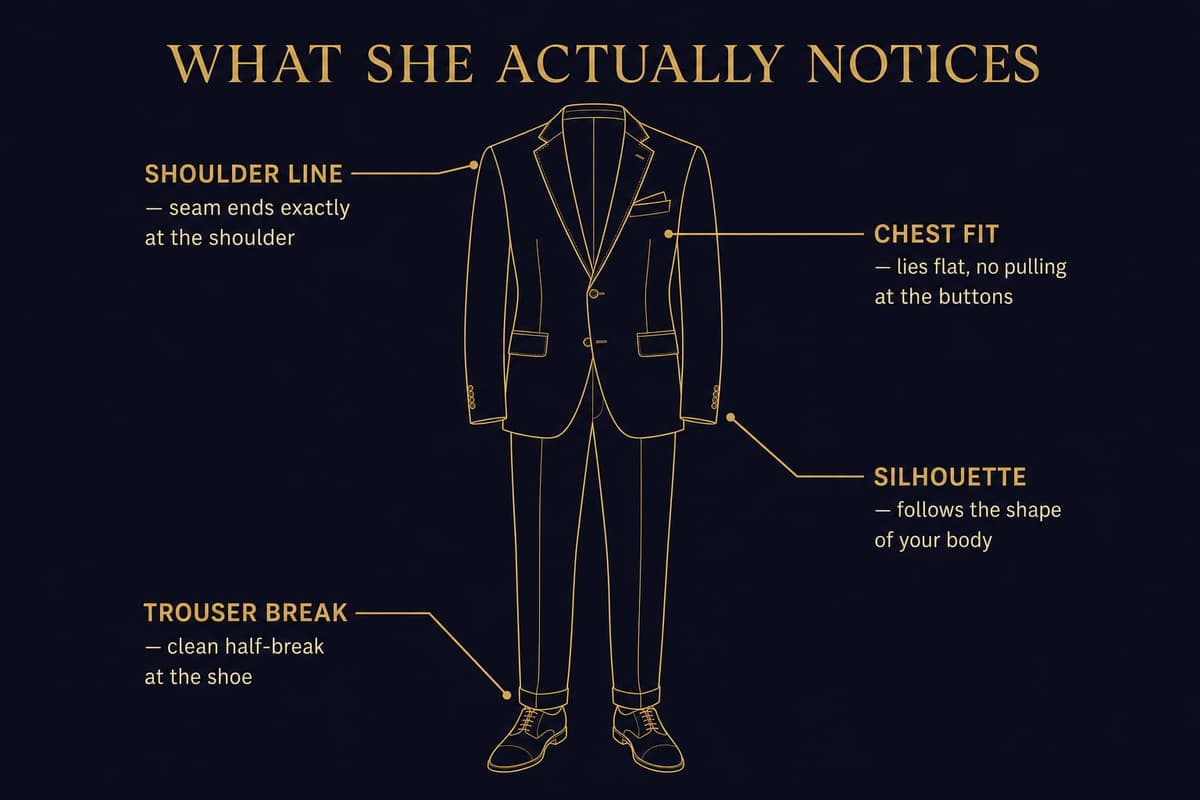 Line-art diagram of a suit jacket with four fit checkpoints labeled: shoulder line, chest, trouser break, and silhouette