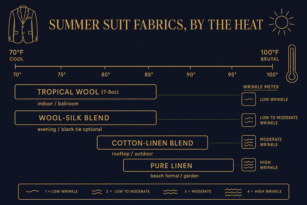 Infographic comparing summer suit fabrics by temperature range, wrinkle factor, and best venue type