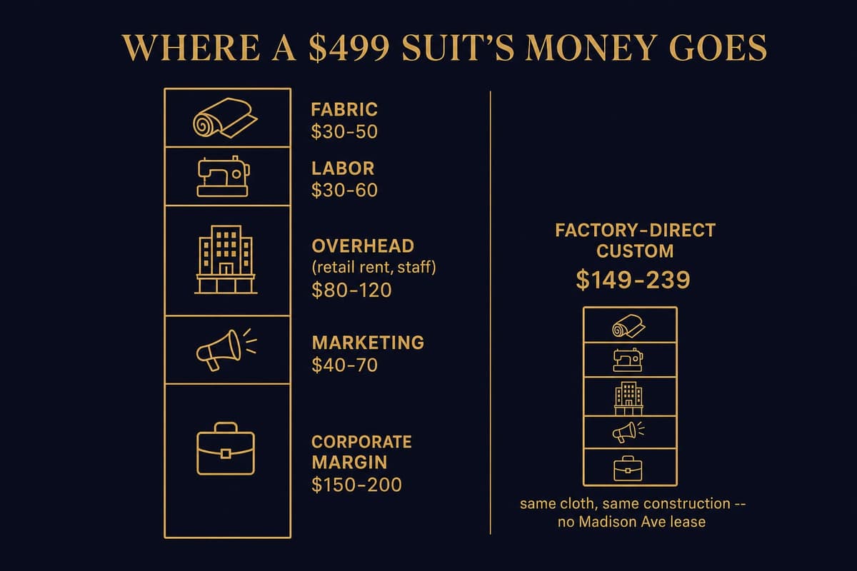 Infographic breaking down where the money goes in a $499 retail suit versus a factory-direct custom suit
