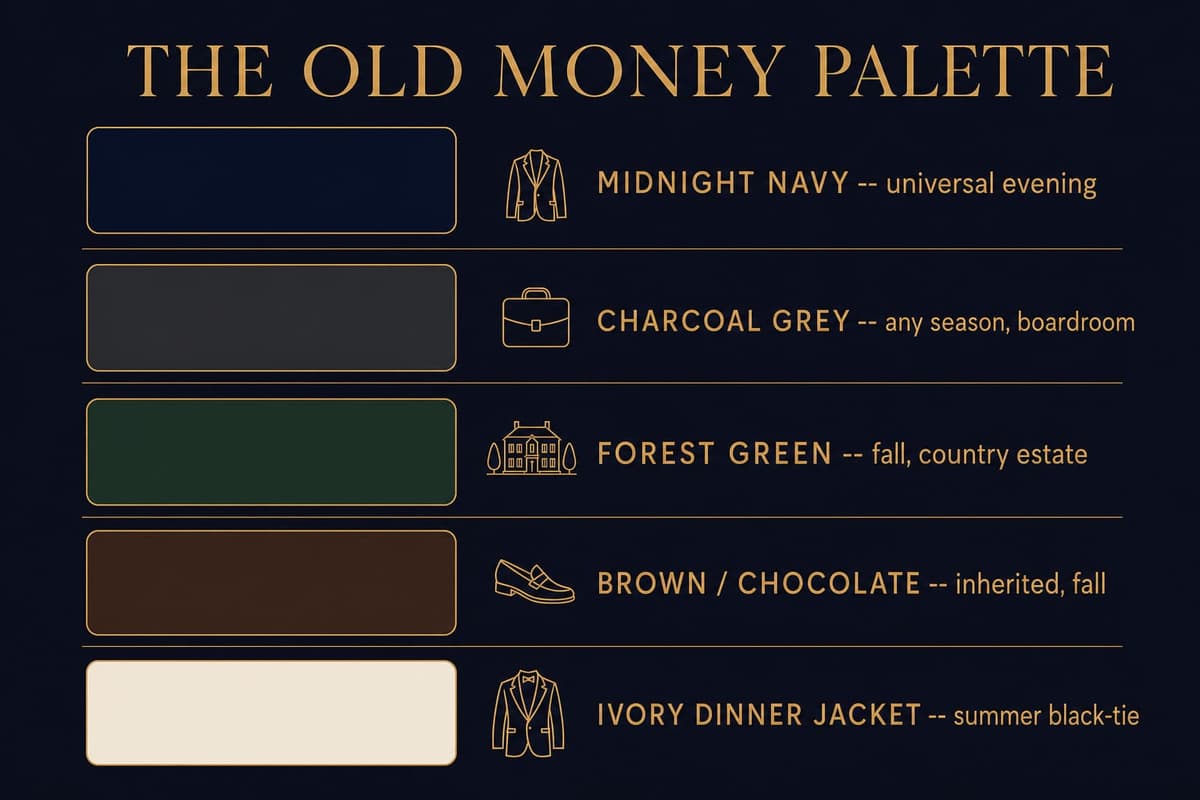 Infographic showing the five old money wedding suit colors with names and best-season notes