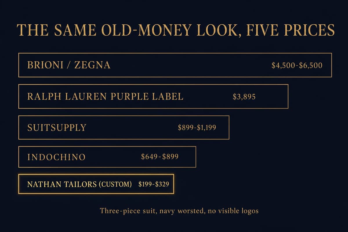 Bar comparison of three-piece suit prices from Ralph Lauren Purple Label, Brioni, SuitSupply, Indochino and Nathan Tailors
