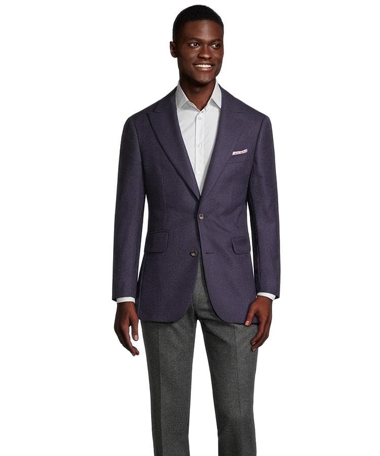 Oliver Wicks plum twill made-to-measure blazer photographed on a plain studio background