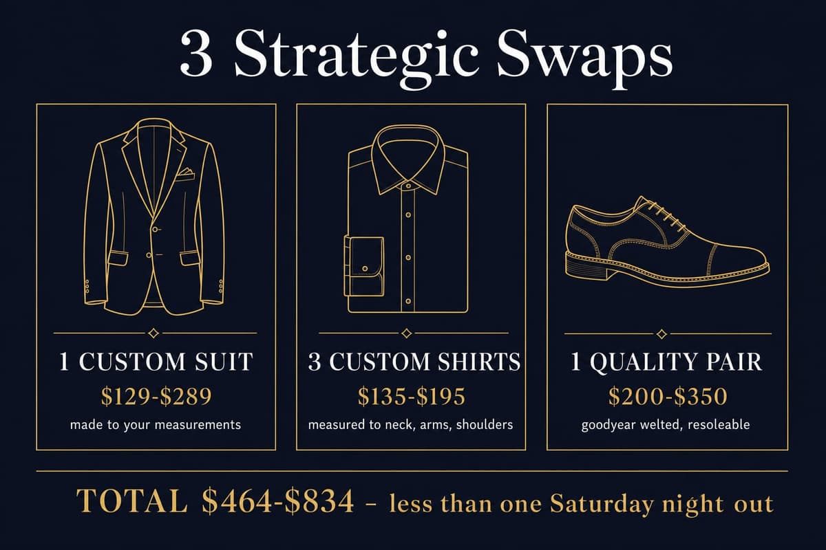 Infographic comparing three strategic wardrobe replacements with their custom-tailor price ranges versus the off-the-rack equivalents