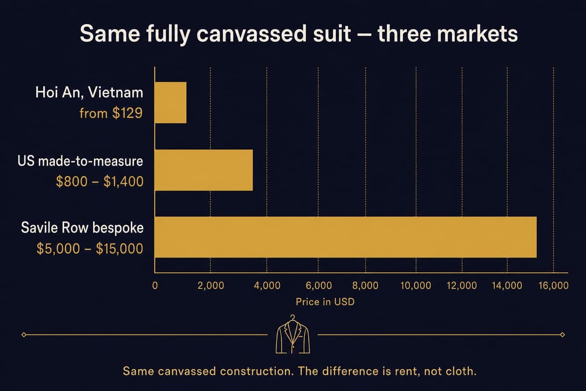 Bar-chart infographic comparing the price of the same half-canvas suit construction: Hoi An from $149, US made-to-measure $800 to $1,400, and Savile Row bespoke $5,000 to $15,000