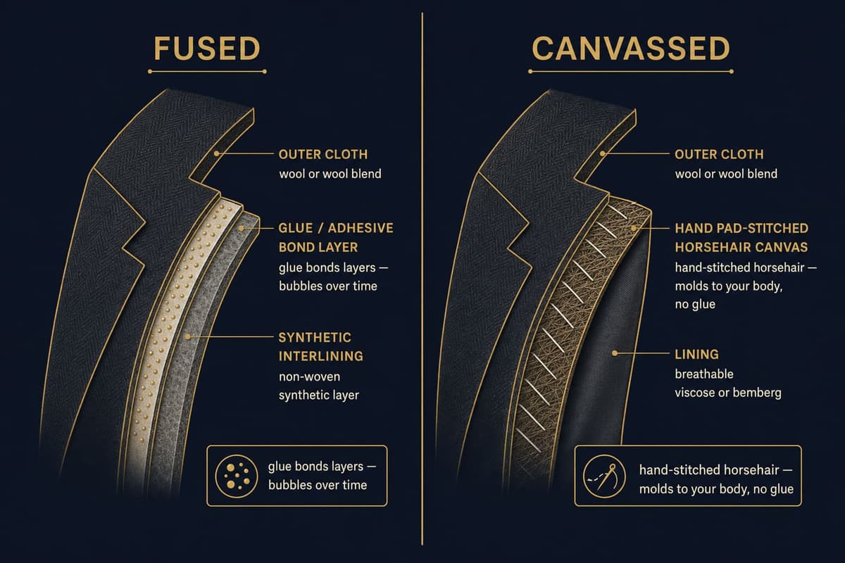 Infographic comparing fused jacket construction (glued synthetic interlining that bubbles over time) with half-canvas construction (hand-stitched horsehair canvas that molds to the body)