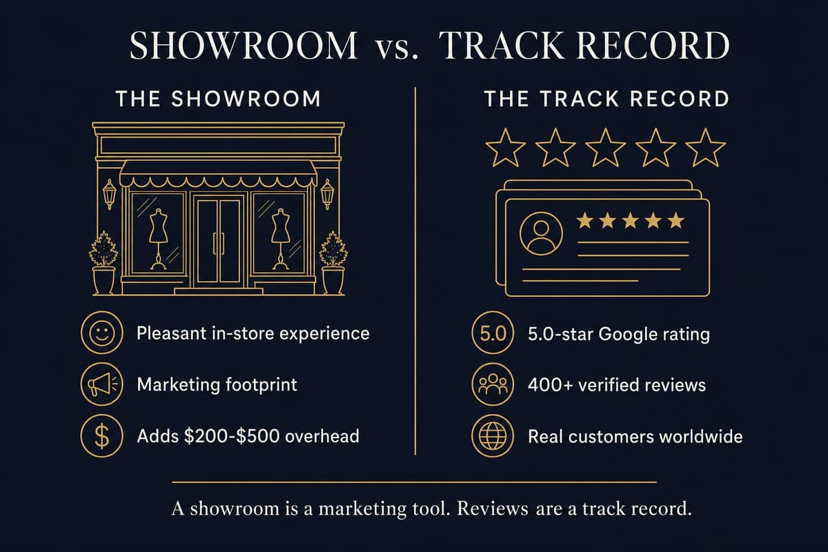 Infographic comparing trust signals: showrooms and review track records across four tailors