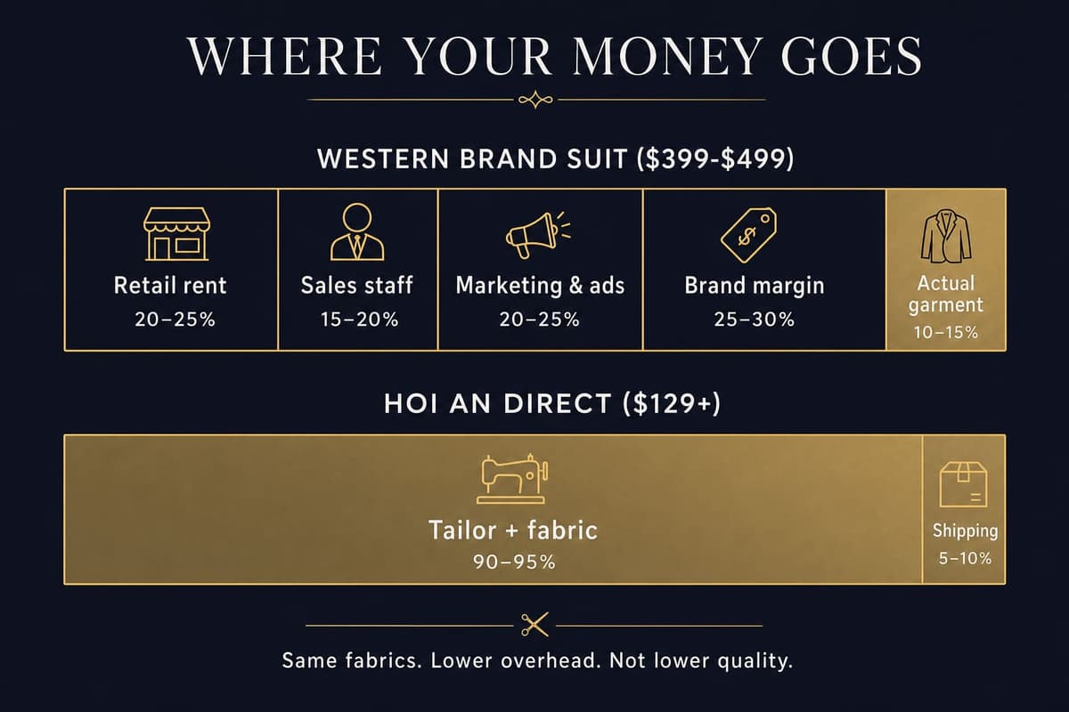 Cost breakdown infographic showing what inflates a Western-brand suit price versus a direct Hoi An order