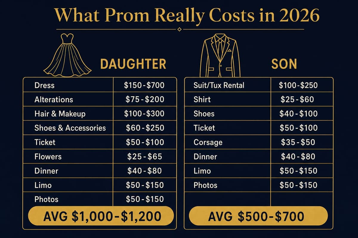 Infographic comparing average 2026 prom budgets for a daughter versus a son, broken into outfit, beauty, transport, and event line items in US dollars