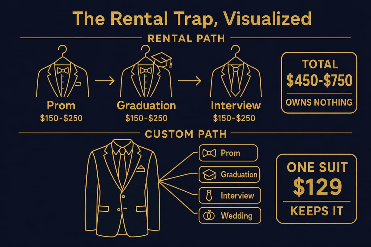 Diagram showing three separate suit rentals for prom, graduation, and a first interview adding up to $450 to $750 with nothing owned, versus one custom suit at $149 worn to all three events and kept