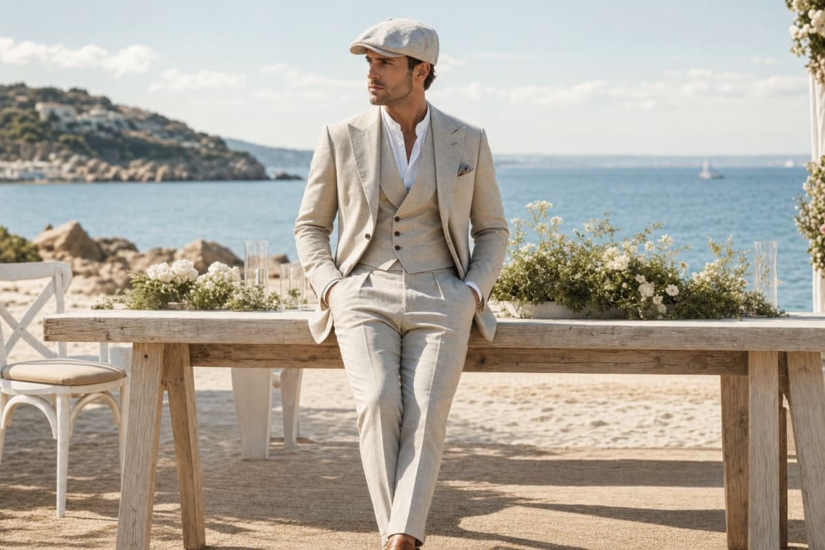 A Peaky Blinders style three-piece suit made in light sand-coloured linen for a summer beach wedding — peak lapels, waistcoat, flat cap and open collar, breathable warm-weather fabric