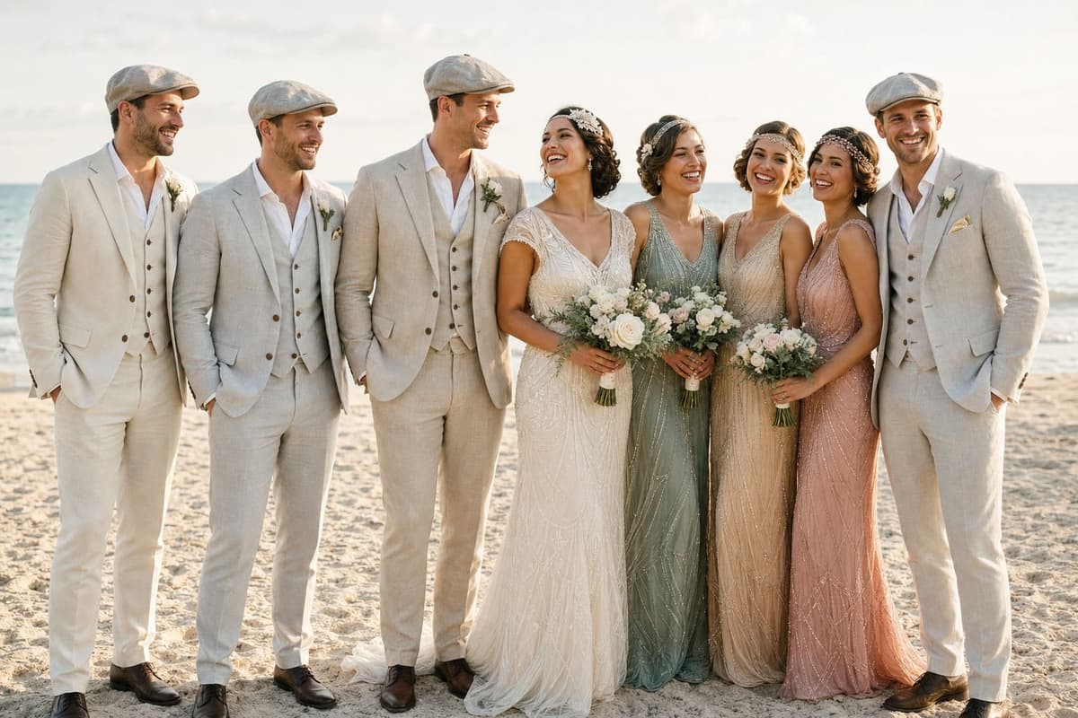 A complete 1920s Peaky Blinders-themed summer beach wedding party — groom and groomsmen in coordinated light linen three-piece suits and flat caps, the bride in an art-deco beaded gown, and bridesmaids in vintage 1920s-style dresses in sage, champagne and dusty rose
