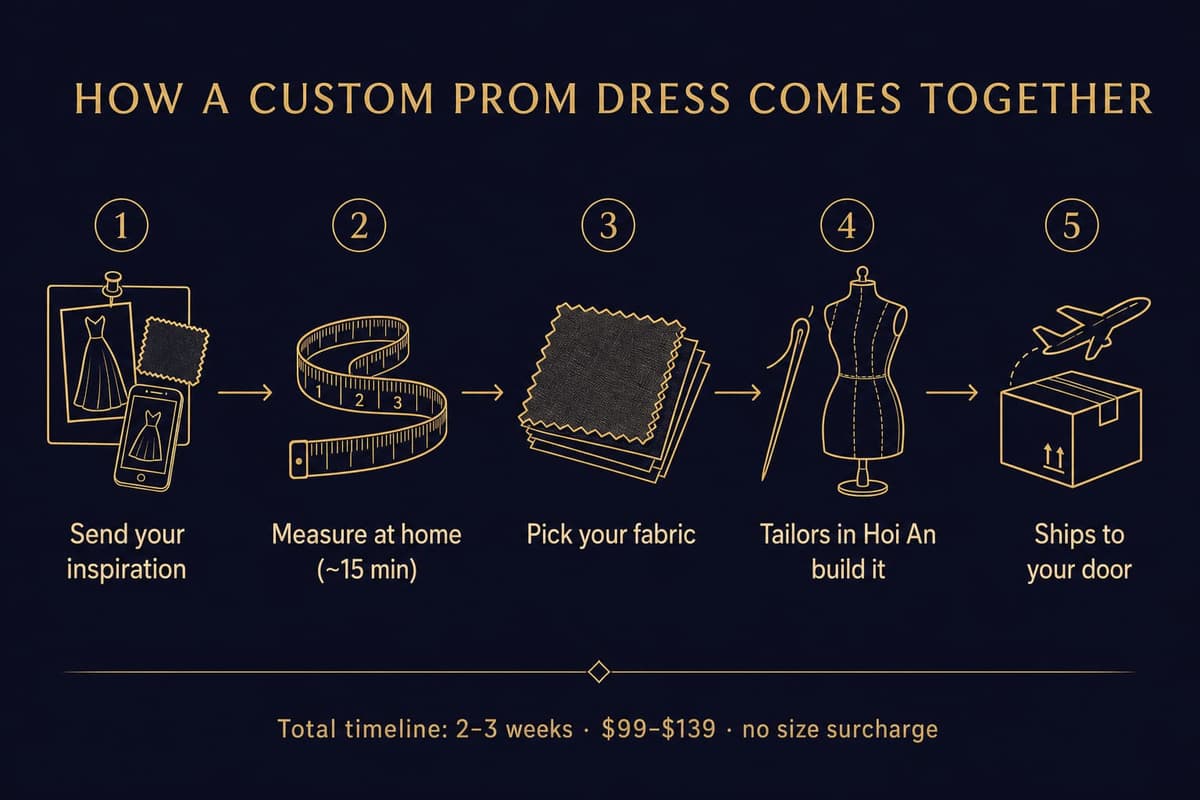 Five-step process diagram for ordering a custom prom dress: send inspiration, measure at home, pick fabric, tailors make it, ships in two to three weeks