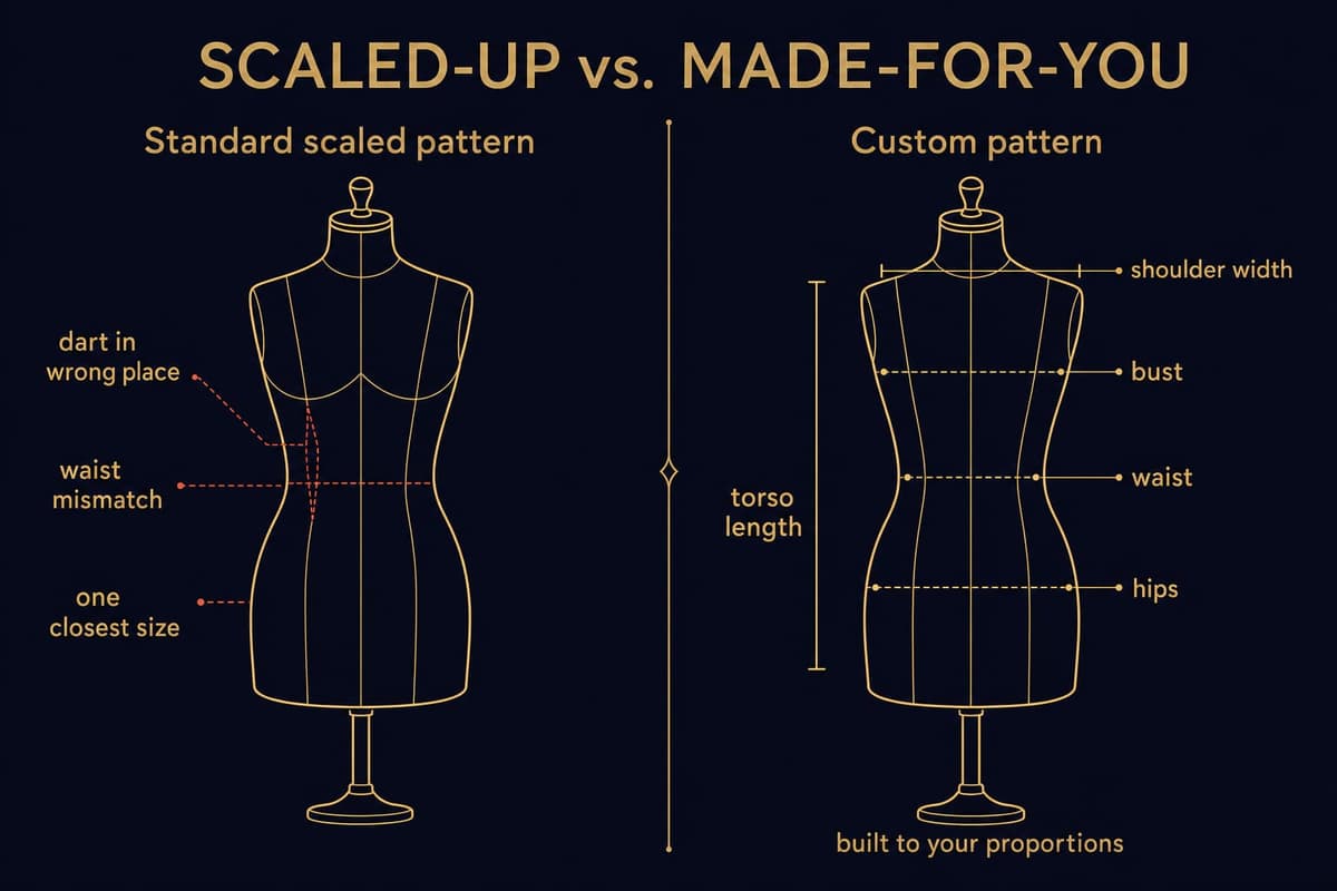Diagram contrasting a standard scaled-up dress pattern with mismatched dart and waist placement against a custom pattern drafted to a real body's bust, waist, hips and torso measurements