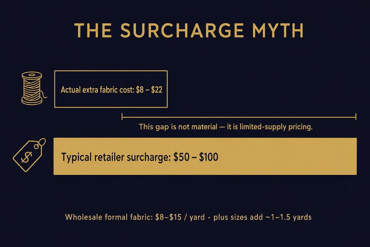 Infographic comparing the real wholesale cost of extra fabric for a plus-size prom dress ($8 to $22) against the typical retailer surcharge ($50 to $100), showing the gap is not about material