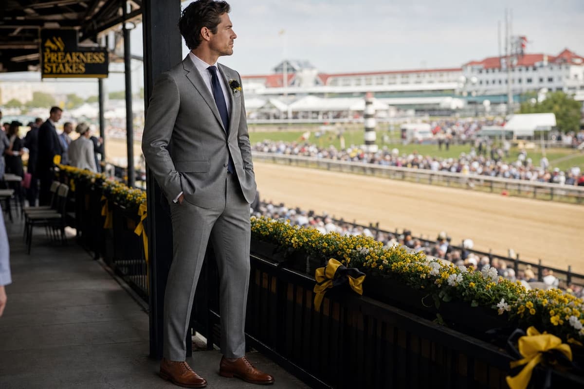 Preakness Stakes attire for men — mid-grey suit, white shirt, navy tie, brown brogues and a small yellow-and-black boutonniere, photographed in profile at the Maryland racetrack