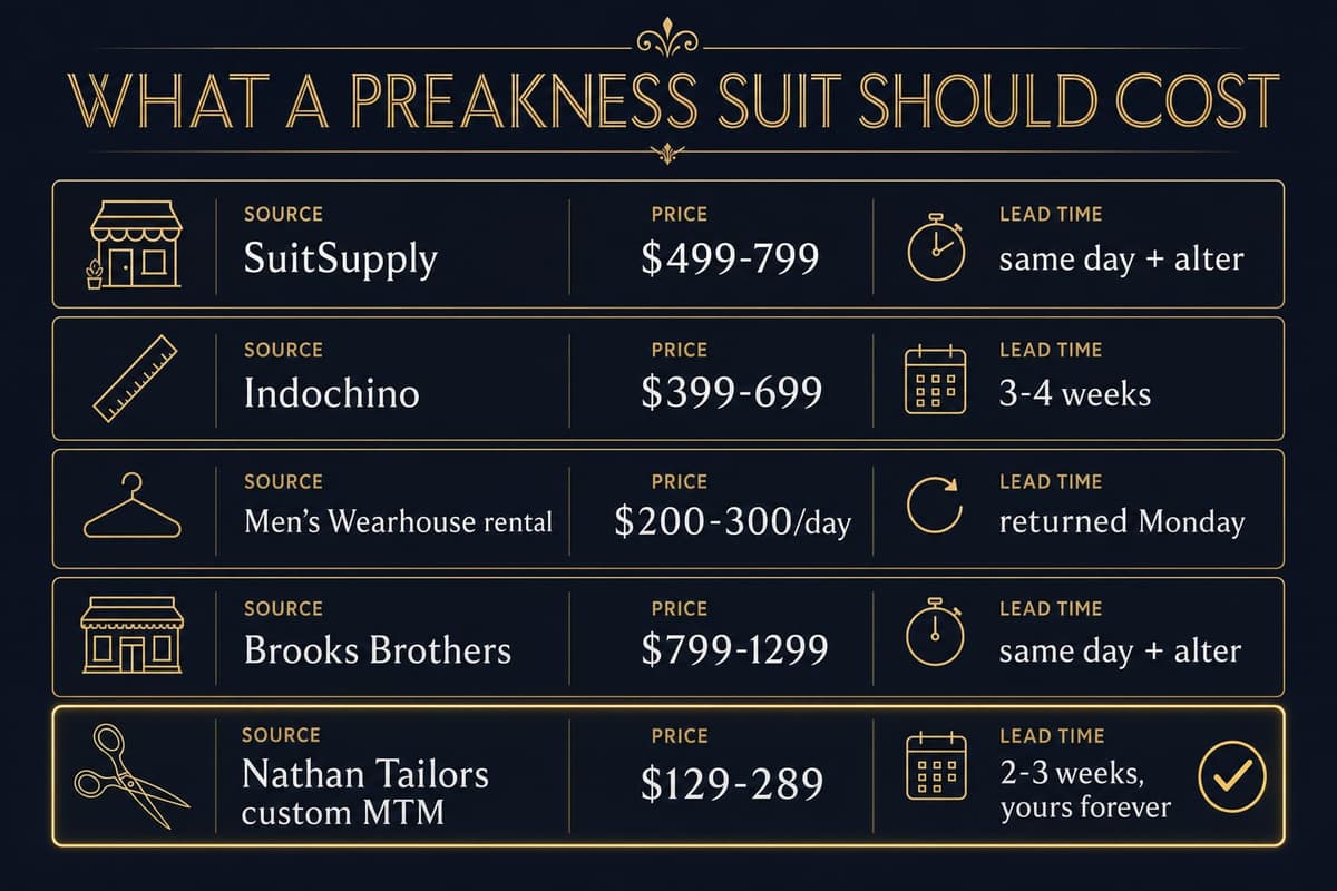 Infographic comparing the cost, lead time and ownership of a Preakness suit across five sources from rental to custom made-to-measure