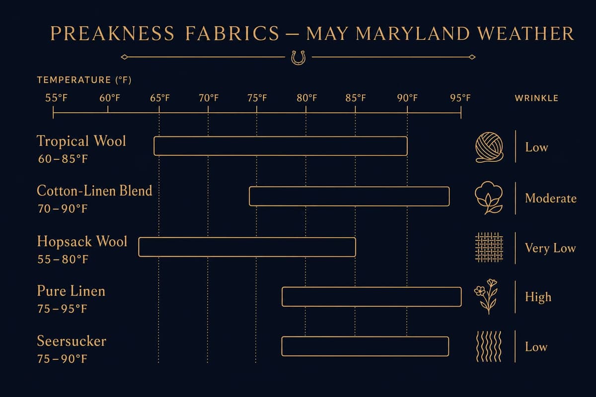 Infographic comparing five Preakness suit fabrics by comfort temperature range and wrinkle risk for May Maryland weather