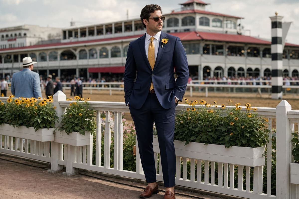 Preakness Stakes outfit for men 2026 — navy single-breasted suit with a mustard-yellow silk tie and yellow boutonniere honoring the black-eyed Susan, photographed at the Maryland racetrack