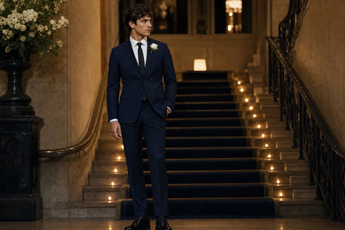 Prom suit 2026 for boys — pictures of a midnight navy slim-cut prom suit with white shirt, narrow black tie and white rose boutonniere, photographed at the foot of a softly lit grand staircase