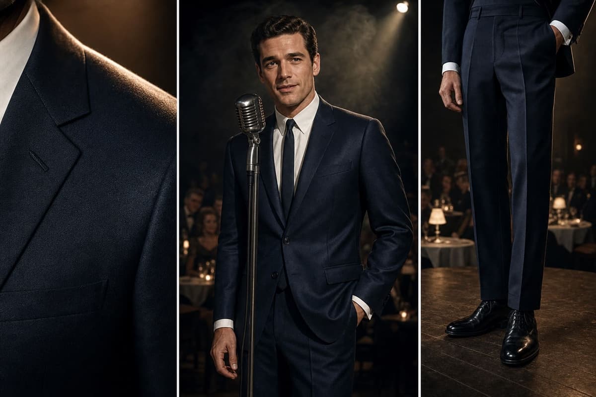 A midnight-navy wool-mohair suit with a skinny tie beside a vintage chrome microphone on a supper-club stage under a single spotlight -- the mohair sheen catching the light along the shoulder