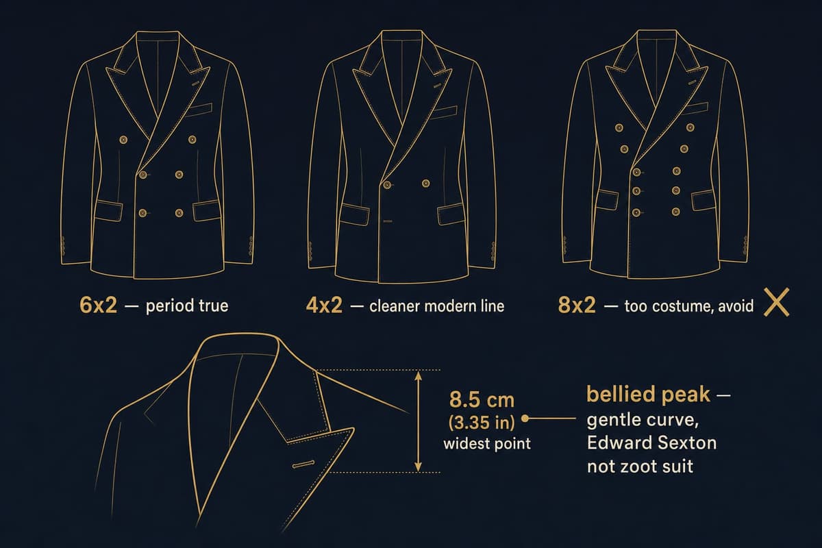 Infographic comparing 6x2, 4x2, and 8x2 double-breasted button stances and the recommended 8.5cm bellied peak lapel width
