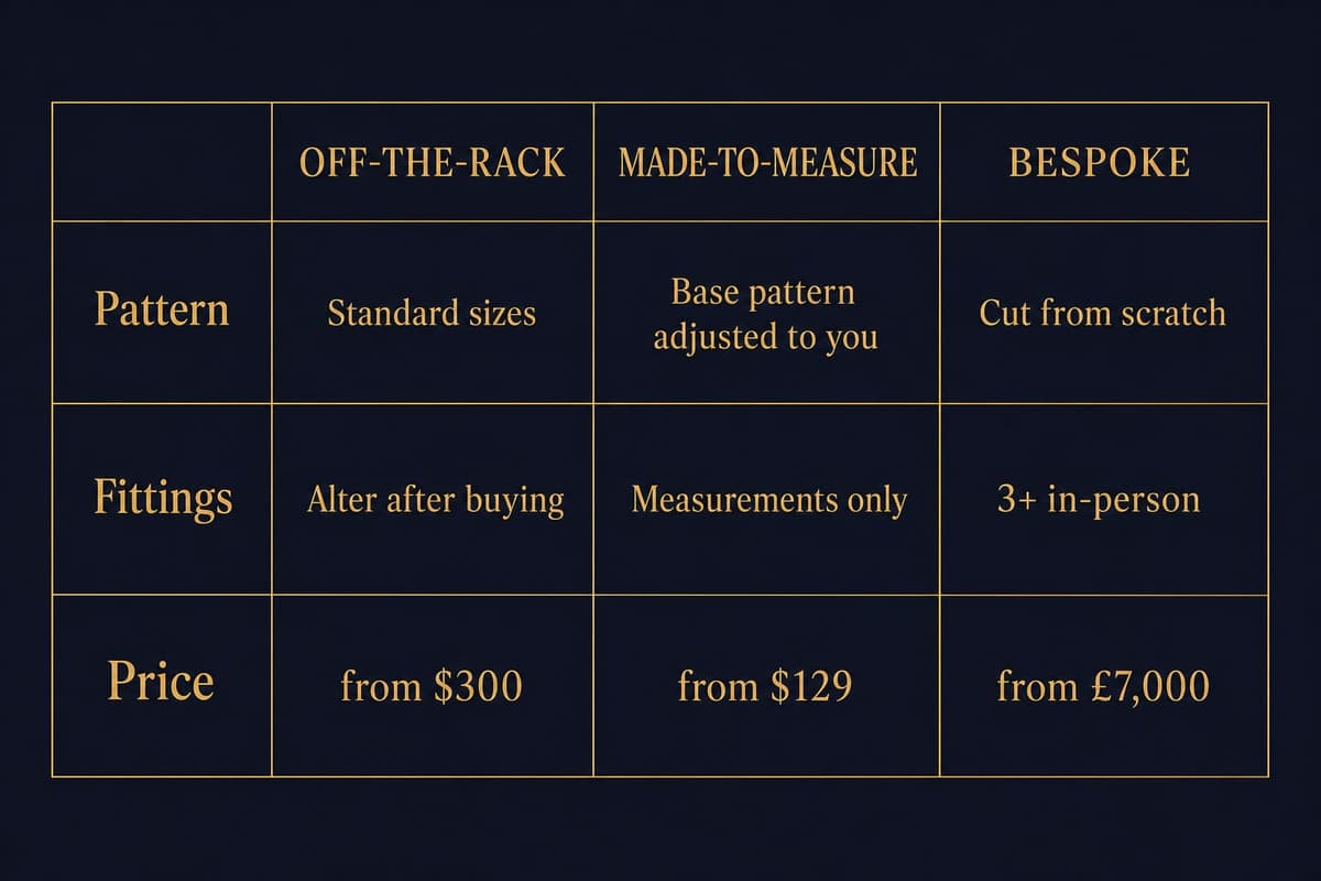 Comparison chart of off-the-rack, made-to-measure, and bespoke suits across fit method, fittings, and price