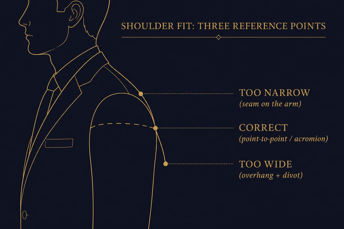 Diagram showing the point-to-point rule: the jacket shoulder seam aligning with the acromion bone where the shoulder ends and the arm begins