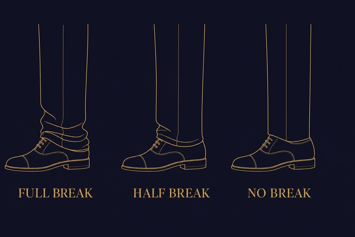 Diagram comparing full break, half break, and no break on suit trousers where the hem meets the shoe