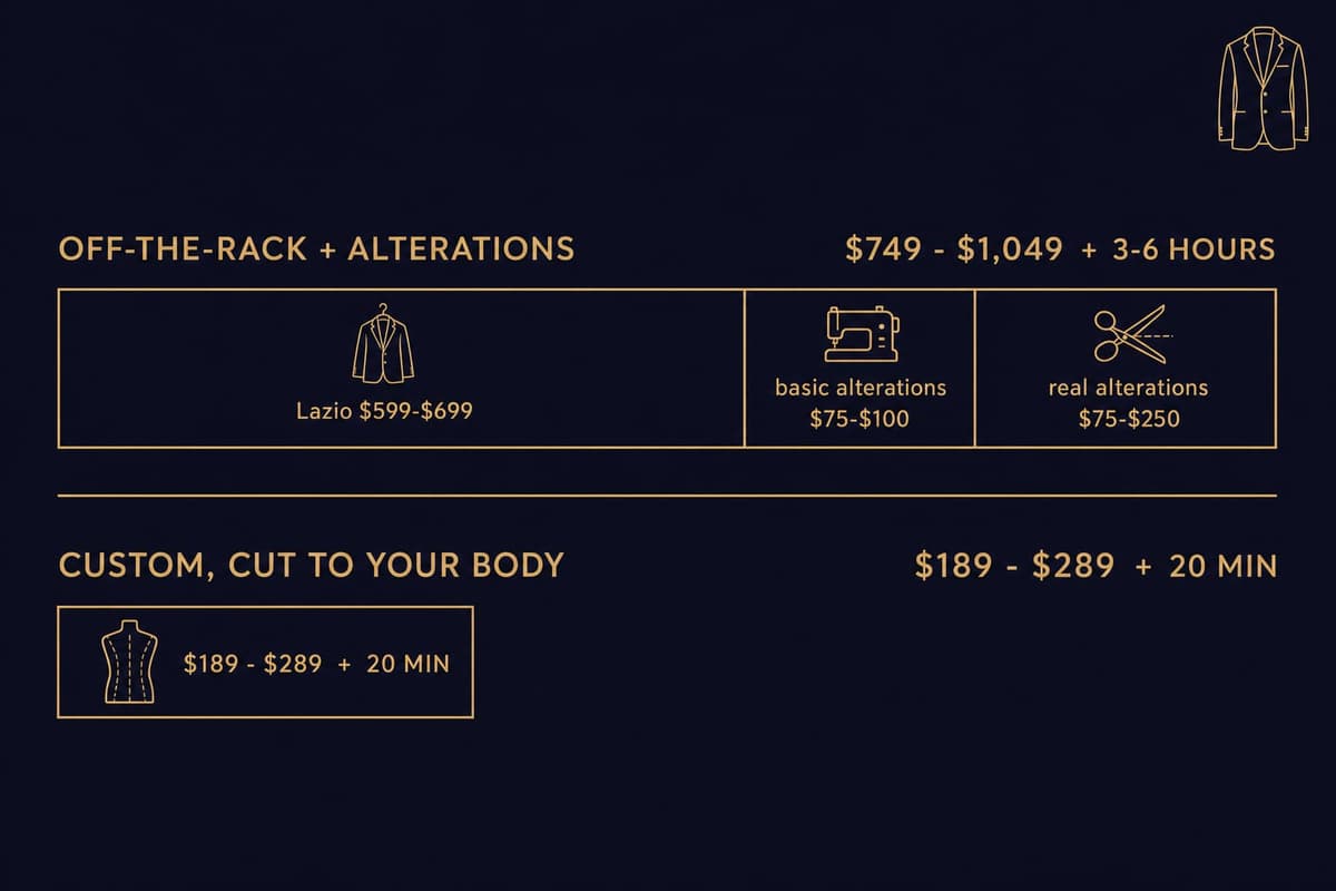 Cost comparison infographic showing a SuitSupply Lazio plus alterations totaling 749 to 1049 dollars versus a Nathan Tailors custom suit at 149 to 309 dollars