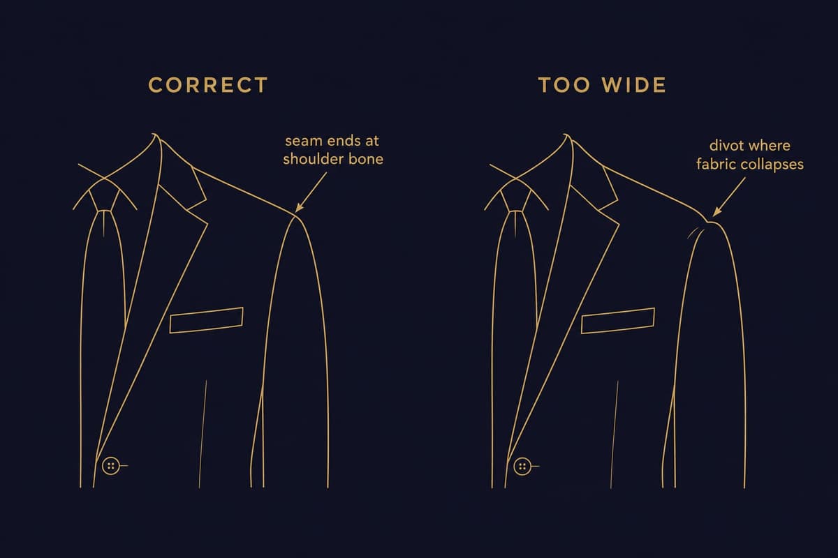 Diagram of a suit jacket shoulder showing the seam ending exactly at the shoulder bone, with a divot example beside it