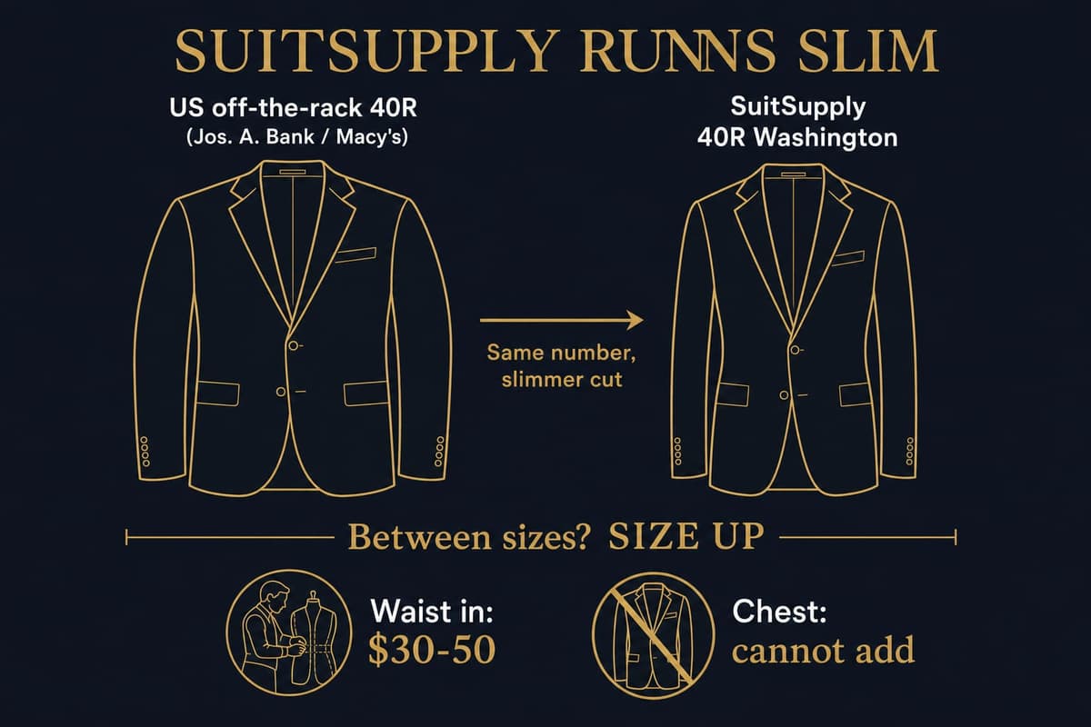 Infographic showing that SuitSupply fits run slim, with a size comparison against typical American off-the-rack sizing and a size-up rule of thumb