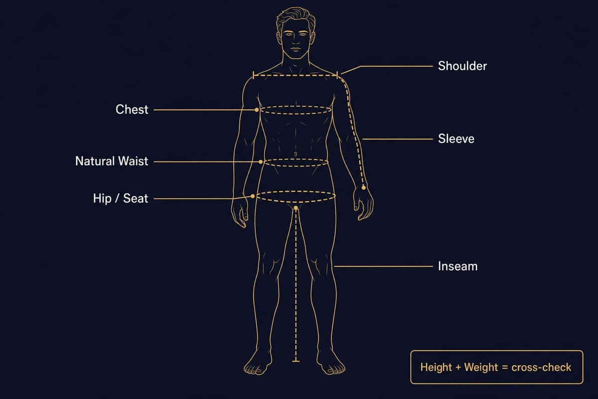 Body-map diagram showing the seven measurements SuitSupply requests: chest, natural waist, hip, shoulder, sleeve, inseam, plus height and weight cross-check