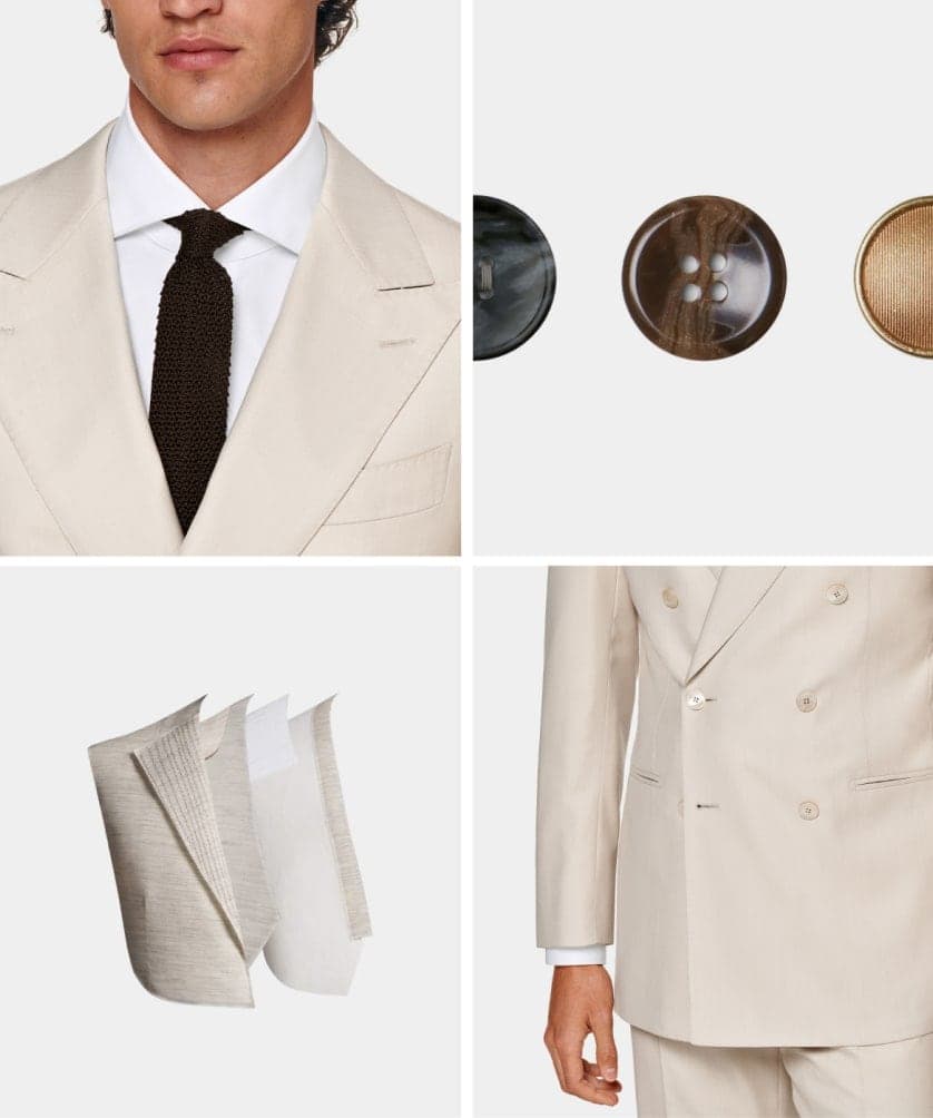 SuitSupply Custom Made details -- cream peak lapel jacket with knitted tie, horn buttons, fabric swatches and a double-breasted jacket front