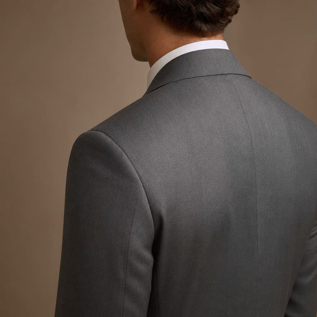 Three-quarter back view of a sharply tailored grey suit jacket showing a clean shoulder line -- fit matters more than colour at the races