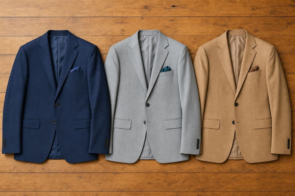 Overhead flat-lay of three summer suits in navy, light grey and tan with a straw hat and brown loafers -- one raceday wardrobe for the full Triple Crown season