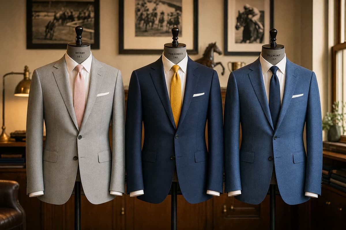 Triple Crown men's suit capsule 2026 — three single-breasted suits in light grey, navy and mid-blue on dress forms, each paired with a different tie nodding to Derby, Preakness and Belmont