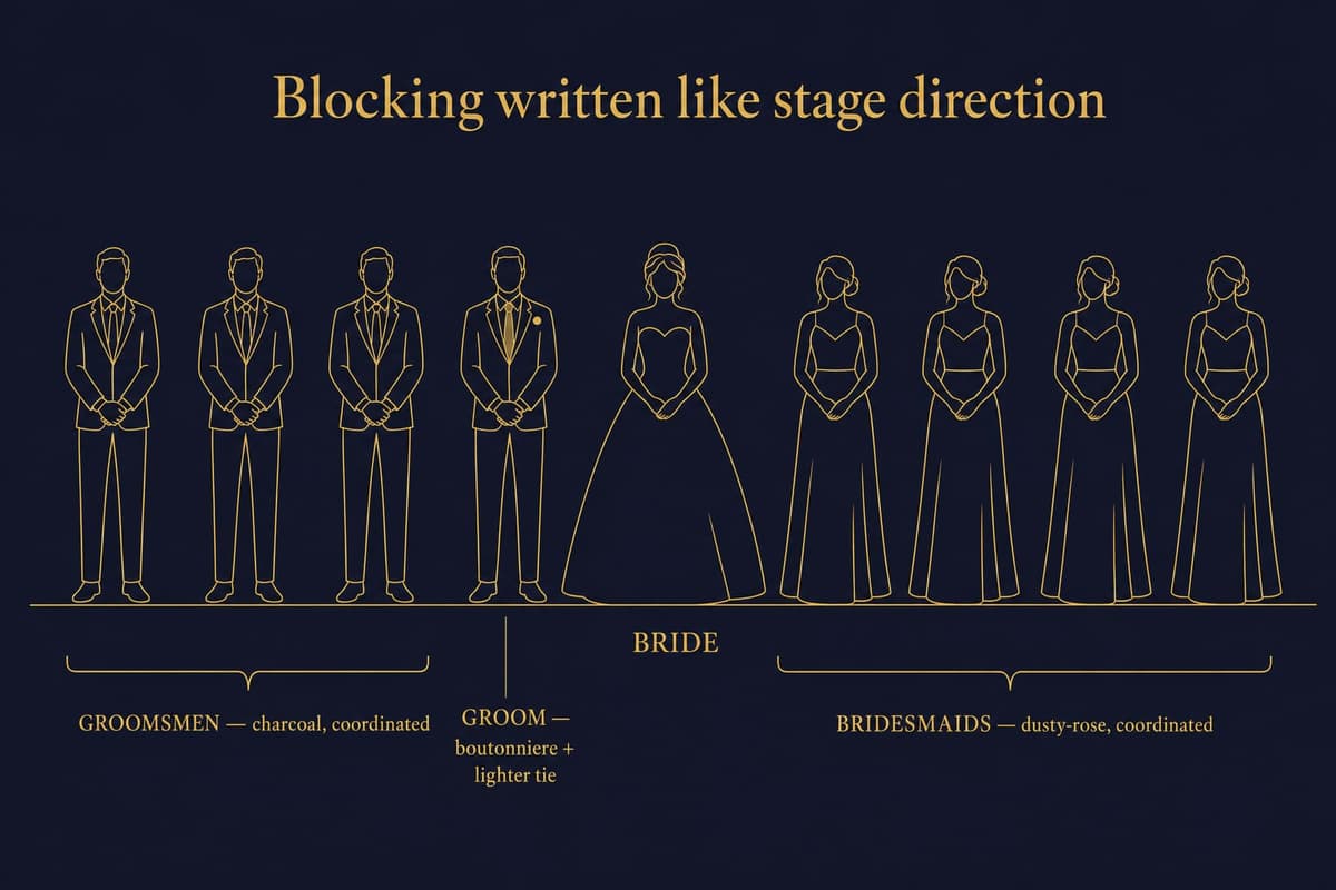 Top-down blocking diagram showing the bride centre, four bridesmaids to her right, groom and four groomsmen to her left, the explicit stage-direction layout that fixes interleaved wedding-party renders