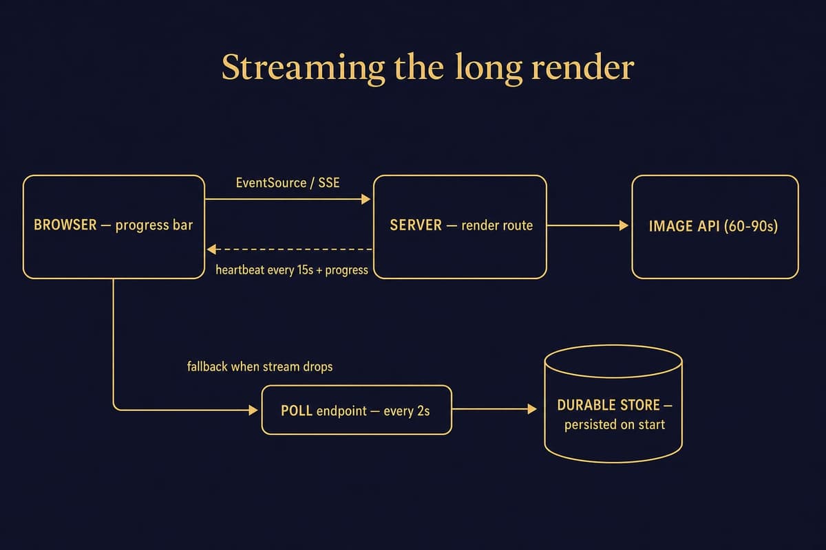 Architecture diagram of the render pipeline: browser opens an SSE stream with 15-second heartbeats, server calls the image API and persists the render, with a two-second polling endpoint as fallback when the stream drops