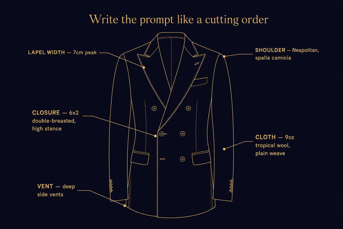 Infographic of suit anatomy labeled with the tailoring vocabulary that shifts an AI render from generic to specific: lapel width in centimetres, closure stance, vent style, fabric weight and weave, shoulder construction