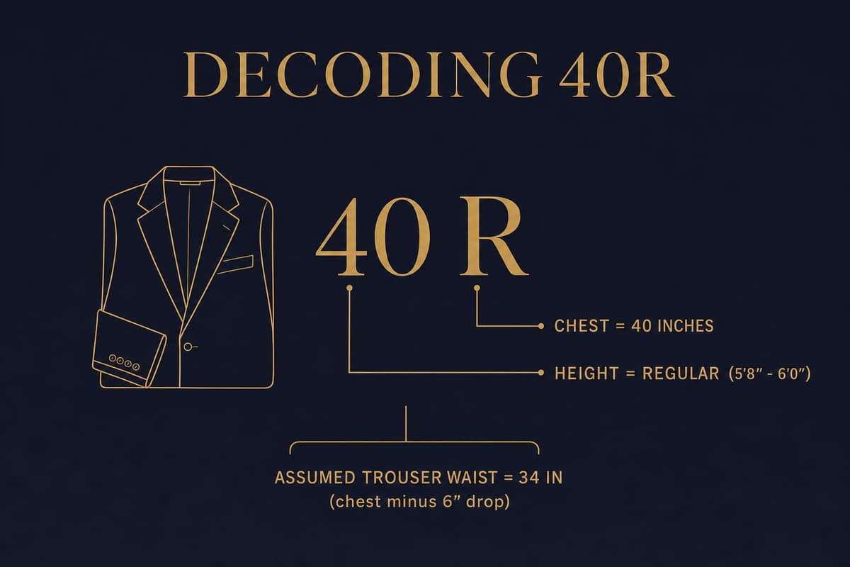Infographic decoding what the suit size 40R means: 40 is chest in inches, R is regular height, paired with a 34-inch waist