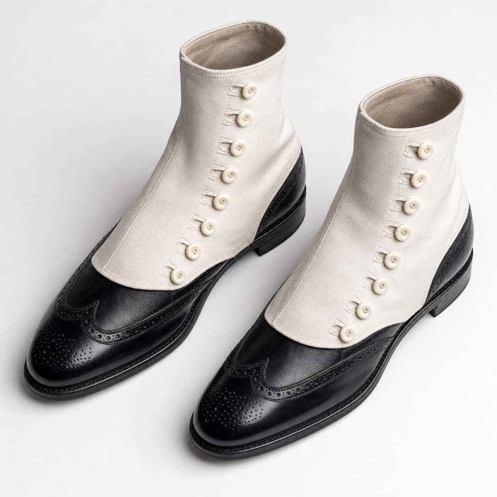 Black leather wingtip shoes with white canvas spats fastened over the upper, photographed flat-lay — the 1930s-gangster footwear detail Michael Bush and Dennis Tompkins specified for the Smooth Criminal outfit.