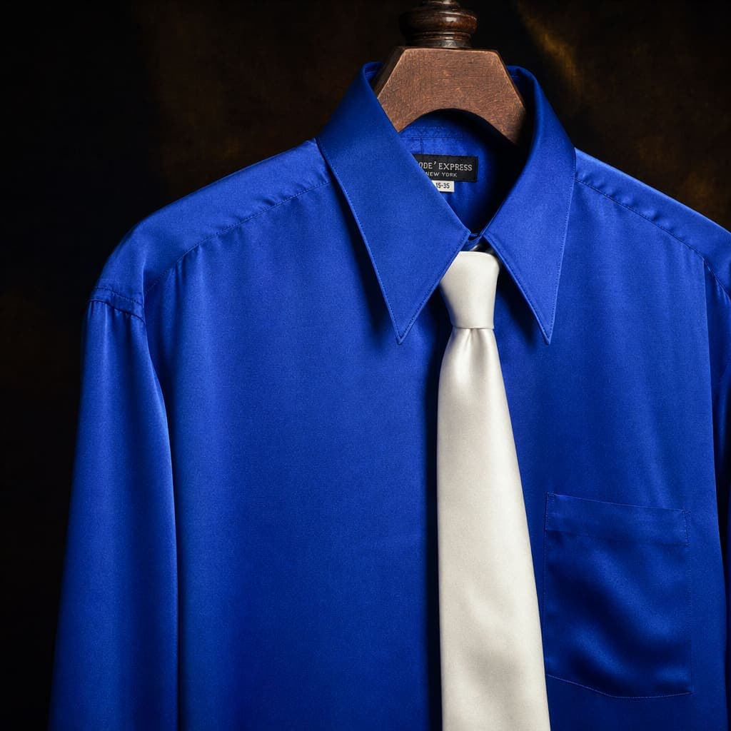 A royal blue silk dress shirt paired with a white silk tie in a four-in-hand knot — the high-contrast colour pop that defines Michael Jackson's Smooth Criminal outfit and the most-overlooked detail in casual replicas.