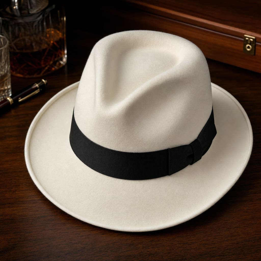 A white wool felt fedora with a contrasting black grosgrain band on dark polished wood — the hat that completes the Smooth Criminal silhouette.