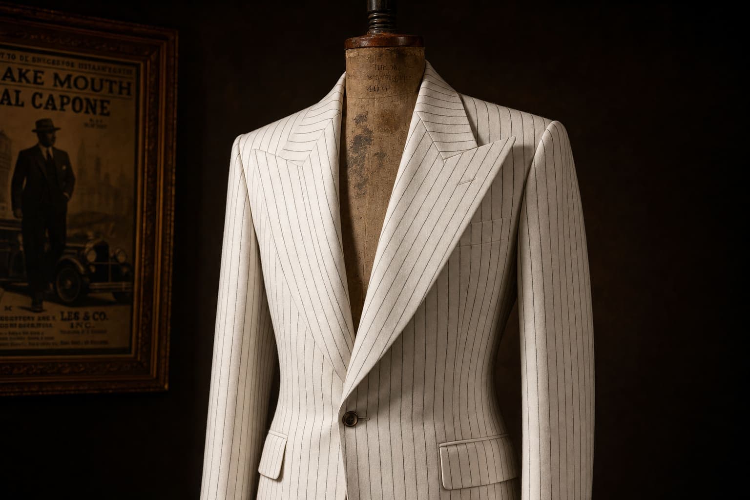A white wool single-breasted suit jacket with thin gray pinstripes and dramatically oversized peak lapels displayed on a vintage tailor's mannequin — the unmistakable cut of Michael Jackson's 1988 Smooth Criminal stage suit, designed by Michael Bush and Dennis Tompkins.